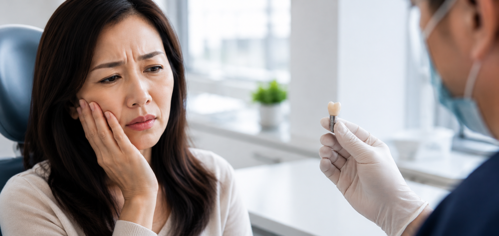 Patient discussing dental implant pain with a dentist holding a dental implant.